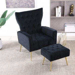 Accent Chair With Ottoman Set Of 2, Velvet Button Armchair With Backrest, Modern Upholstered Sofa Chair With Metal Legs For Living Room - 1 of 4