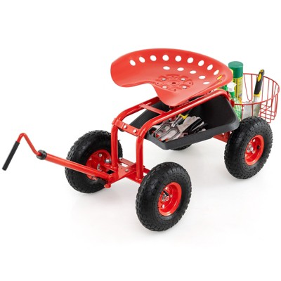 Tangkula Rolling Garden Cart Scooter w/ Adjustable Seat Storage Basket Tray Red