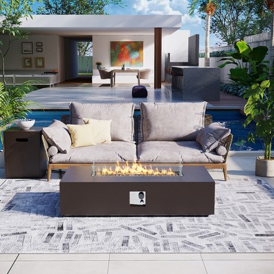 56-inch Outdoor Rectangular Fire Pit Table Propane for Outside Patio with Tank Cover and Windshield cover