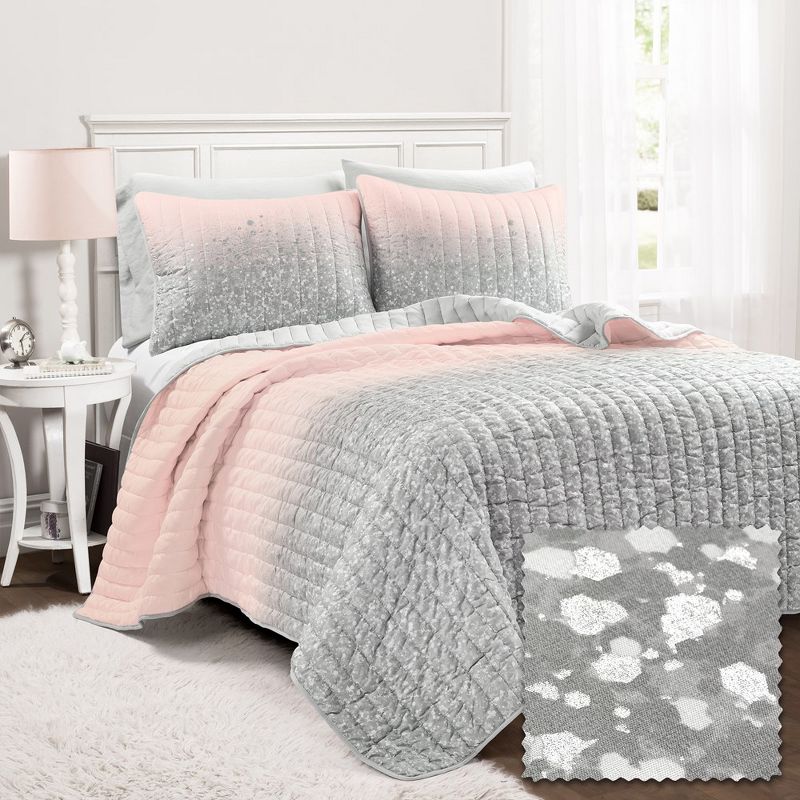 Home Boutique Glitter Ombre Metallic Print Quilt - Blush and Gray - Twin - 3 Piece Set, 1 of 2