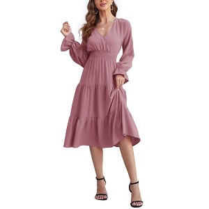 BLUEMING Womens V Neck Long Sleeve Peasant Dress Poet Sleeve Dress Surplice Shirred Waist Tiered Womens Fall Fashion, dusty pink - M - 1 of 4