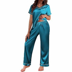 Ekouaer Satin Pajamas for Women Short Sleeve Silk Pajama Sets Soft Sleepwear Top with Causal Long Pj Pant - 1 of 4
