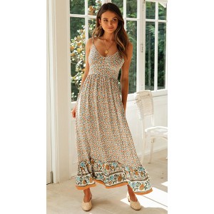 chinese dress ladies Apricot V-neck French Style Floral Mulberry Silk Maxi Dress SD035   Luxurysilkpjs
