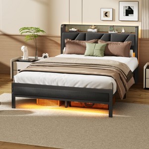 Furnulem Full Size Bed Frame with Grey Upholstered Storage Headboard with Shelf Metal Platform Bed with Heavy Duty Slats No Box Spring Needed - 1 of 4