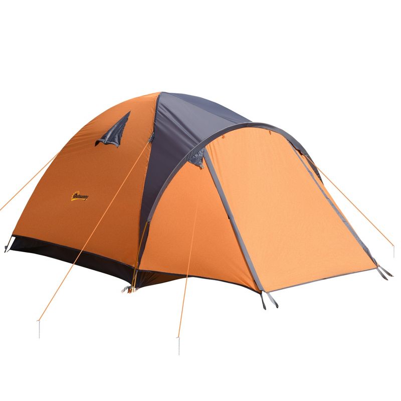 Outsunny 3-4 Person Camping Tent, Lightweight Outdoor Tent Waterproof Windproof w/ Carrying Bag, 3 Doors, Easy Setup for Backpacking Hiking, Orange, 1 of 7