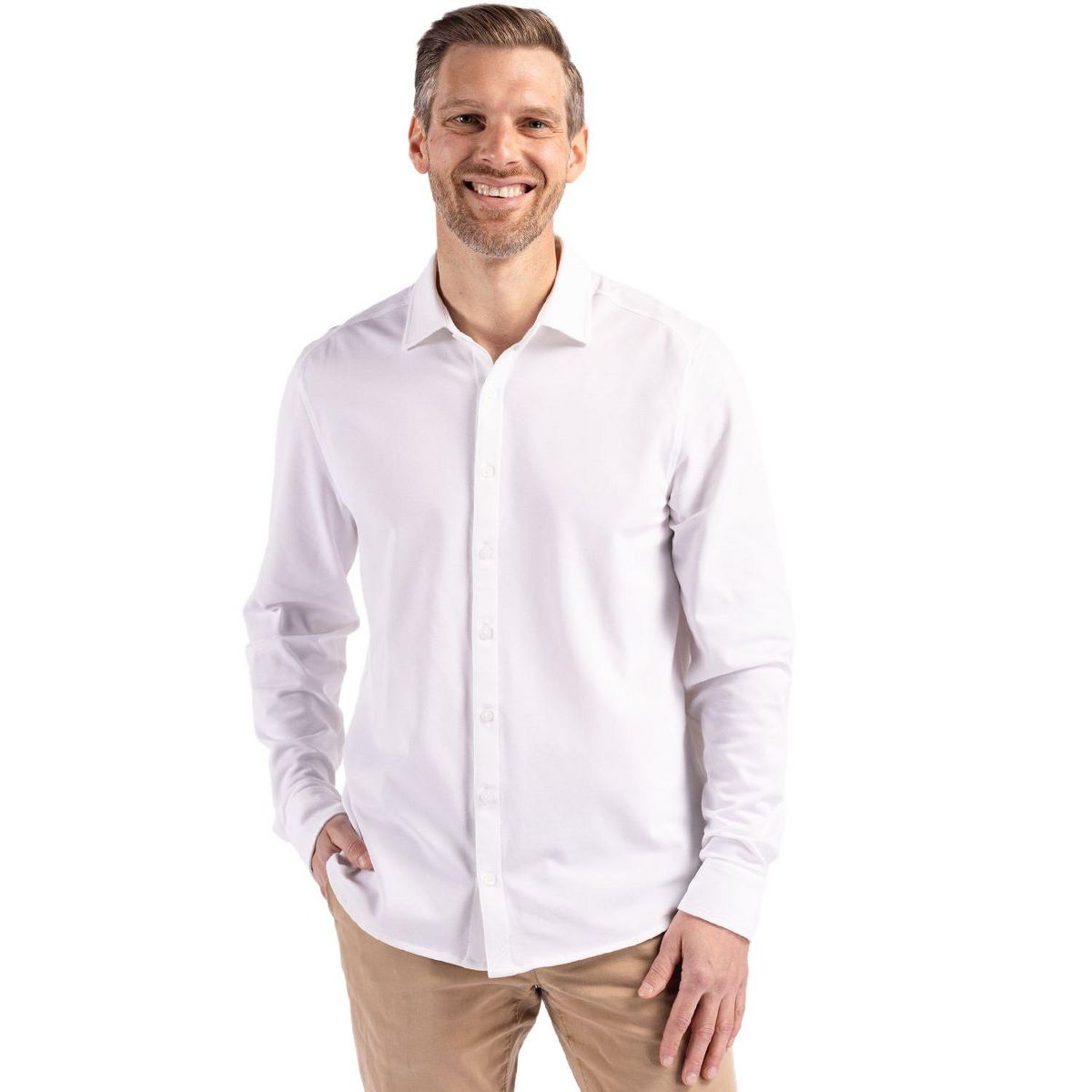 Cutter & Buck Advantage Tri-Blend Eco Soft Pique Long Sleeve Knitted Mens Button Up