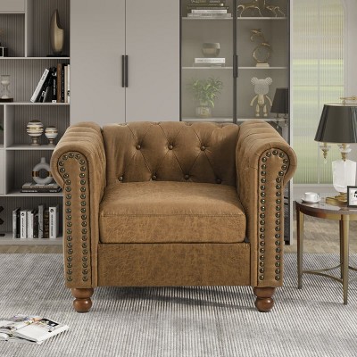 Chesterfield Tufted Velvet Accent Chair, Nailhead Trim Armchair with Rolled Arms, Deep Cushion, Classic Living Room Chair-The Pop Home