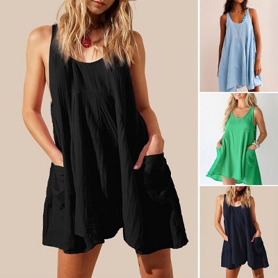 Coolmee Women Casual Sleeveless Crew Neck Backless Patchwork Mini Dress Loose Flowy Vest Dress With Pockets