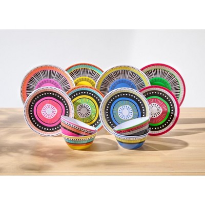 Eclectic Multi-Color Melamine Dinnerware Set for 4
