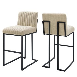 Set of 2 Indulge Channel Tufted Fabric Barstools Beige - Modway: Matte Black Base, Adjustable Height, Sled Frame - 1 of 4