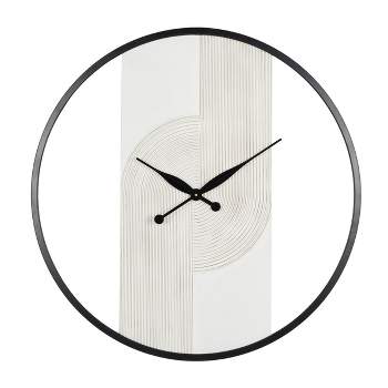 31"x30" Wood Geometric Art Deco Inspired Line Art Wall Clock with Black Accents White - Novogratz