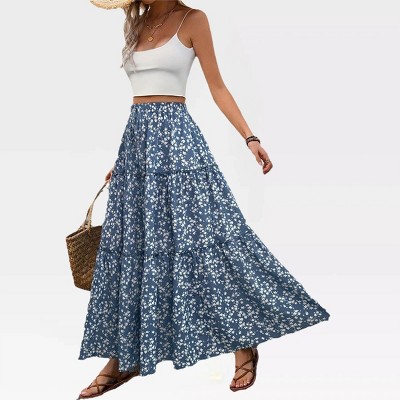 Womens High Waist Maxi Skirts Floral Tiered Skirts with Back Drawstring A-Line Flowy Ruffle Swing Tiered Long Beach Skirt Dress