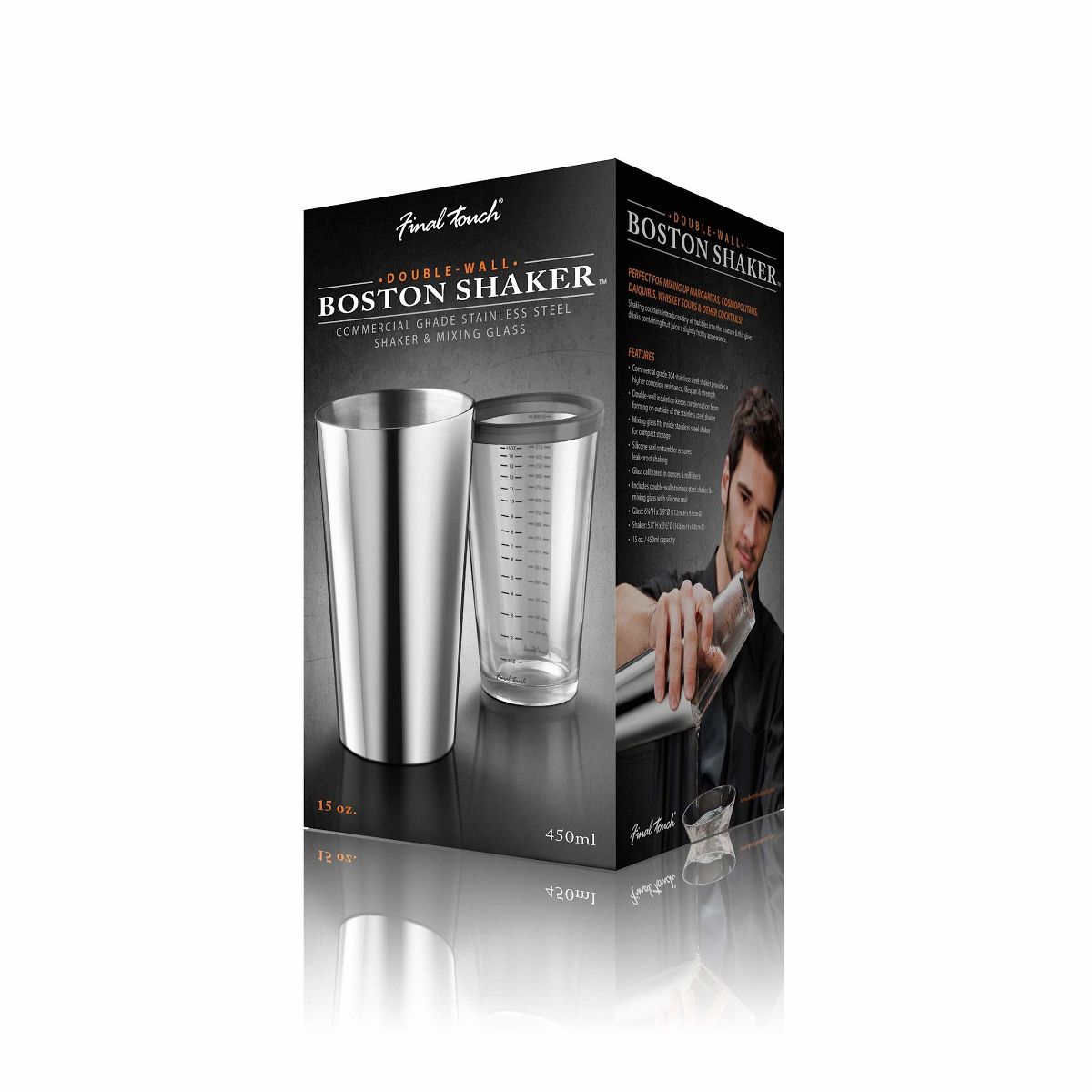 Final Touch Double-Wall Boston Shaker Set - Stainless Steel Mixing Glass with Silicone Seal - BPA-Free, Compact Storage - Leak-Proof Design - thumbnail 8