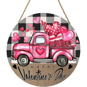 Lomsoe Valentines Day Door Sign Pink Truck Hearts Wood Hanger Buffalo Plaid Check Heart Happy Valentines Wreath Plaque Wall Hanging 8x8Inch - 1 of 1