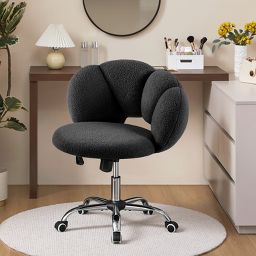 Yaheetech Boucle Upholstered Rolling Vanity Chair, Cloud Shaped Back Height Adjustable Makeup Desk Chair for Bedroom Home Office