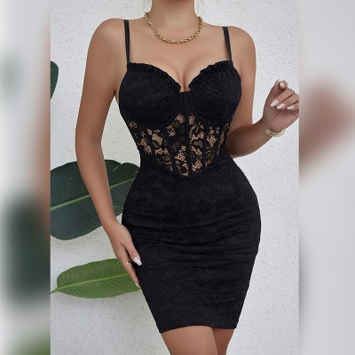Women's Deep V Neck Bodycon Dress - Sexy Hollow Out Lace Sleeveless Clubwear Mini Dress for Night Out