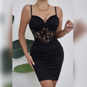 Women's Deep V Neck Bodycon Dress - Sexy Hollow Out Lace Sleeveless Clubwear Mini Dress for Night Out - 1 of 4