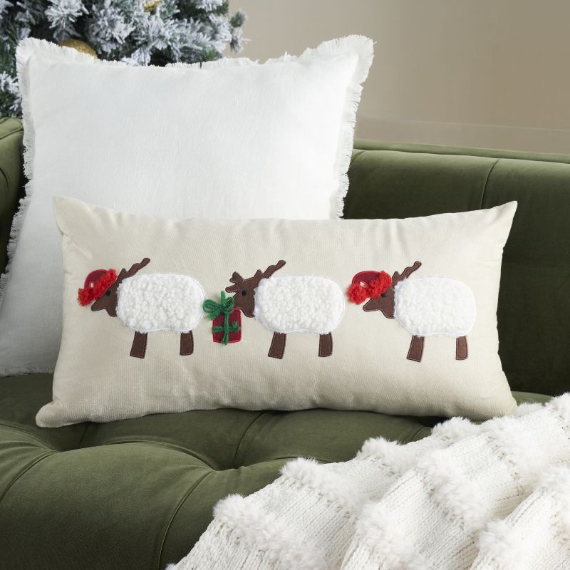 Mina Victory Holiday Applique Sheep 12" x 24" Beige Throw Pillow, 2 of 5