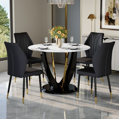 5-Piece Dining Table Set Dining Set with Round Faux Marble Dining Table and 4 PU Upholstered Chairs with Widened Backrest, Black+White/Gray-ModernLuxe