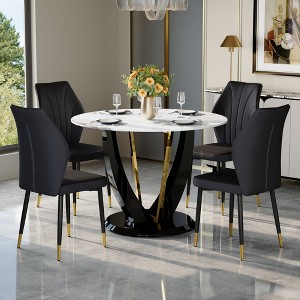 5-Piece Dining Table Set Dining Set with Round Faux Marble Dining Table and 4 PU Upholstered Chairs with Widened Backrest, Black+White/Gray-ModernLuxe - 1 of 4