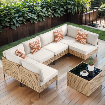 Buenhomino Boho Wicker Outdoor Sectional Seating Set, Yellow Patio Conversation Sofa Set with Cushions