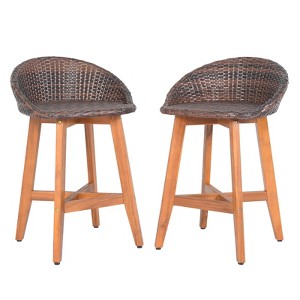 Costway Outdoor Faux Rattan Bar Chairs Set of 2/4 Solid Acacia Wood Bar Stools for Porch Brown/Gray - 1 of 1