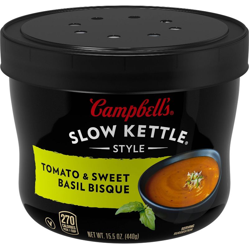 Campbell&#39;s Slow Kettle Style Tomato &#38; Sweet Basil Soup Microwaveable Bowl - 15.5oz, 1 of 15