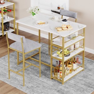 Bar Table and Chairs Set for 2, 3-Piece Small Bar Table with 2 PU Cushioned Stools, 3 Storage Shelves, Space-Saving Modern Dining Set - 1 of 4