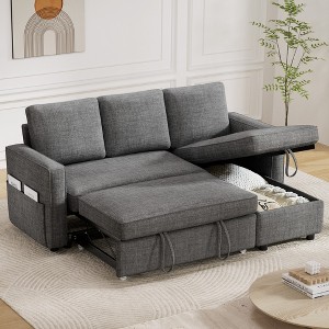 Vipbear 2 in 1 Pull Out Couch with Reversible Storage Chaise Gray 81" Sectional Sleeper Sofa Bed L-Shaped Couch with Side Pockets,Tool-Free Assembly - 1 of 4