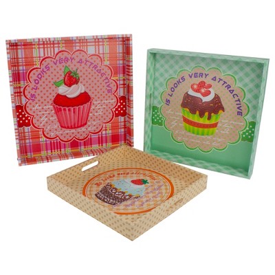 Northlight Set of 3 Cupcake Theme Square Wooden Serving Trays 16 - Green/Brown