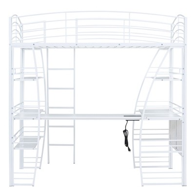 Bellemave Twin Size Loft Bed with Desk and Bookcase with Metal Frame, Loft Bed with Desk and Storage, White