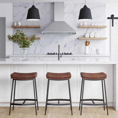 Vintage Brown-Matte Black Backless Saddle Leather Barstool