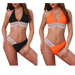 INSPIRE CHIC Women's Color Block Wavy Stripes Halter Top V Shaped Bottom Swimwear Bathing Bikini Suits 2 Sets - 1 of 4