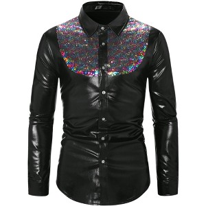 Lars Amadeus Men's Slim Fit Button Down Party Disco Metallic Sequin Shirts - 1 of 4