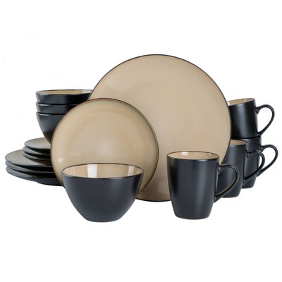 Gibson Elite 16pc Ceramic Classic Pearl Square Dinnerware Set Taupe 