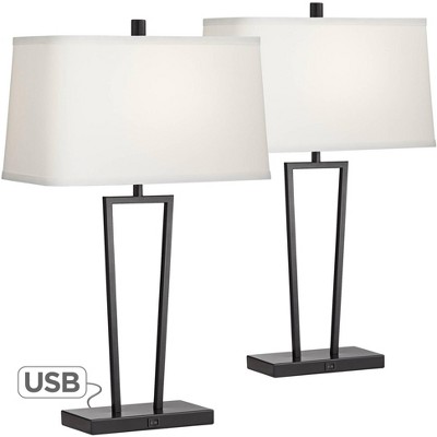 360 Lighting Modern Table Lamps Set of 2 with USB Charging Ports Black Metal White Rectangular Shade Living Room Bedroom Bedside