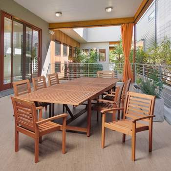 Brooks 9pc Patio Eucalyptus Wood Extendable Rectangular Dining Set - International Home Miami