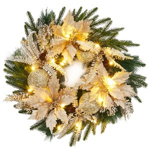 24'' Pre-Lit Christmas Wreath for Front Door, Lighted Xmas Door Wreath with Ball Ornaments, Winter Decorative Wreath for  Windows Wall Mantel Decor - 1 of 4