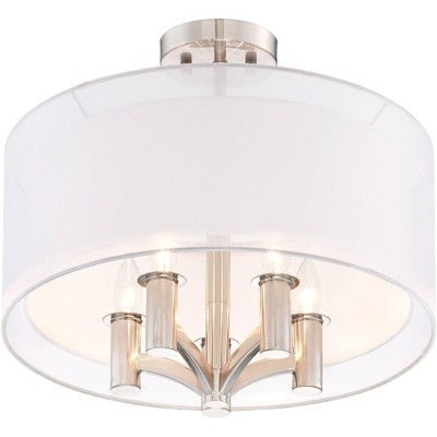 Elegant Brushed Nickel 21" Semi-Flush Ceiling Light with Sheer Silver Double Drum