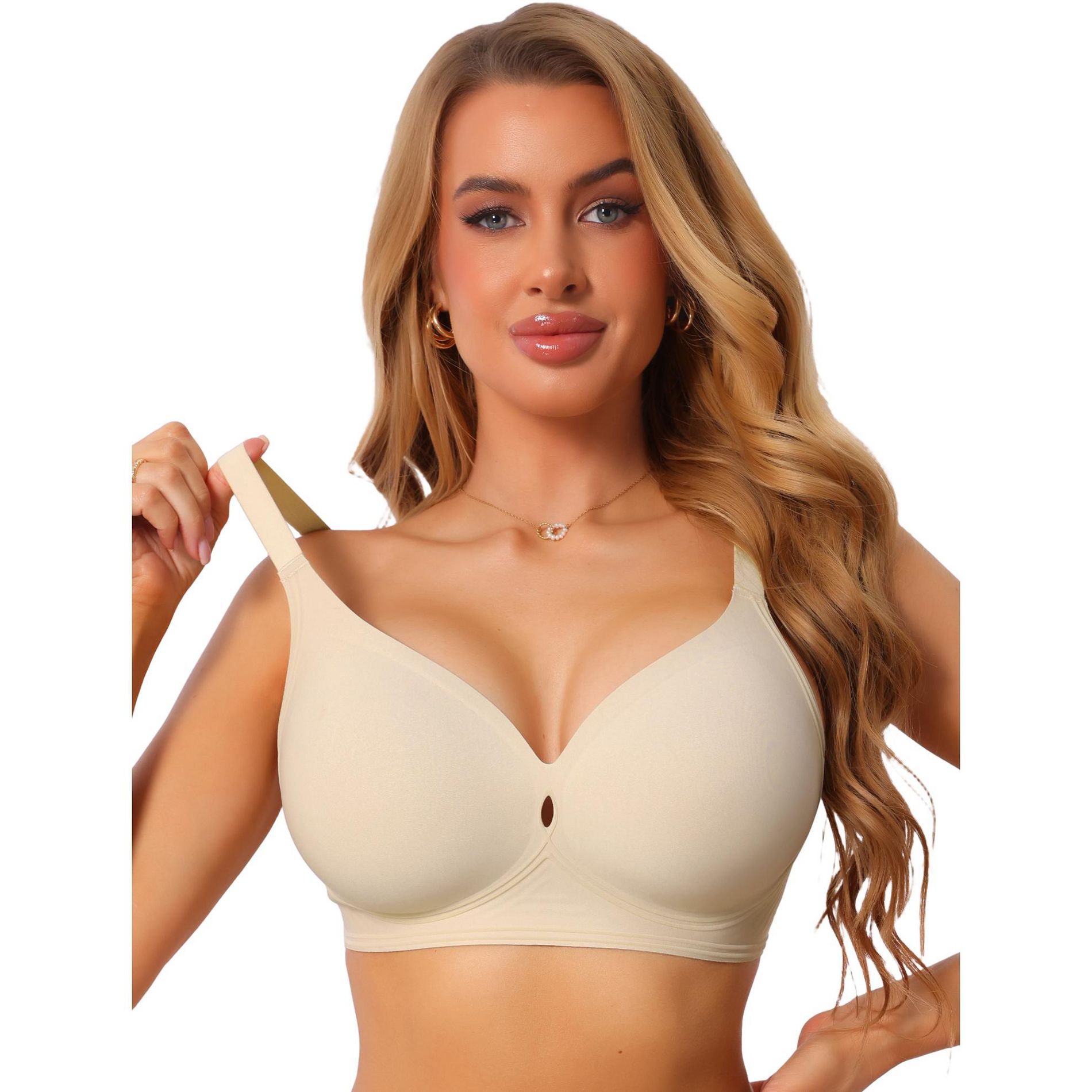 INSPIRE CHIC Women's Deep V Wide Straps Push Up Soft Support Seamless Wireless Breathable Lingerie Bra Medium Beige