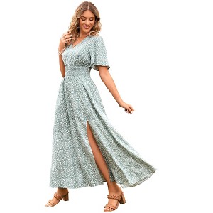 Clearlove Women's Floral Print V-Neck Ruffle Short-Sleeved Waist tie Dress Maxi Dress - 1 of 4