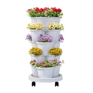 VECELO 5-Tier Vertical Garden Planter, Self Watering Stackable Planter with Wheels for Strawberries, Flowers, Vegetables, White - 1 of 4