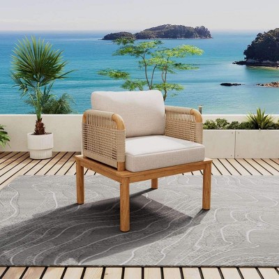 1 Piece Acacia Wood Rope Weave Outdoor Club Chair with Deep Seat, Patio Lounge Chair with Water-Repellent Cushions for Garden Balcony-Coolbibila