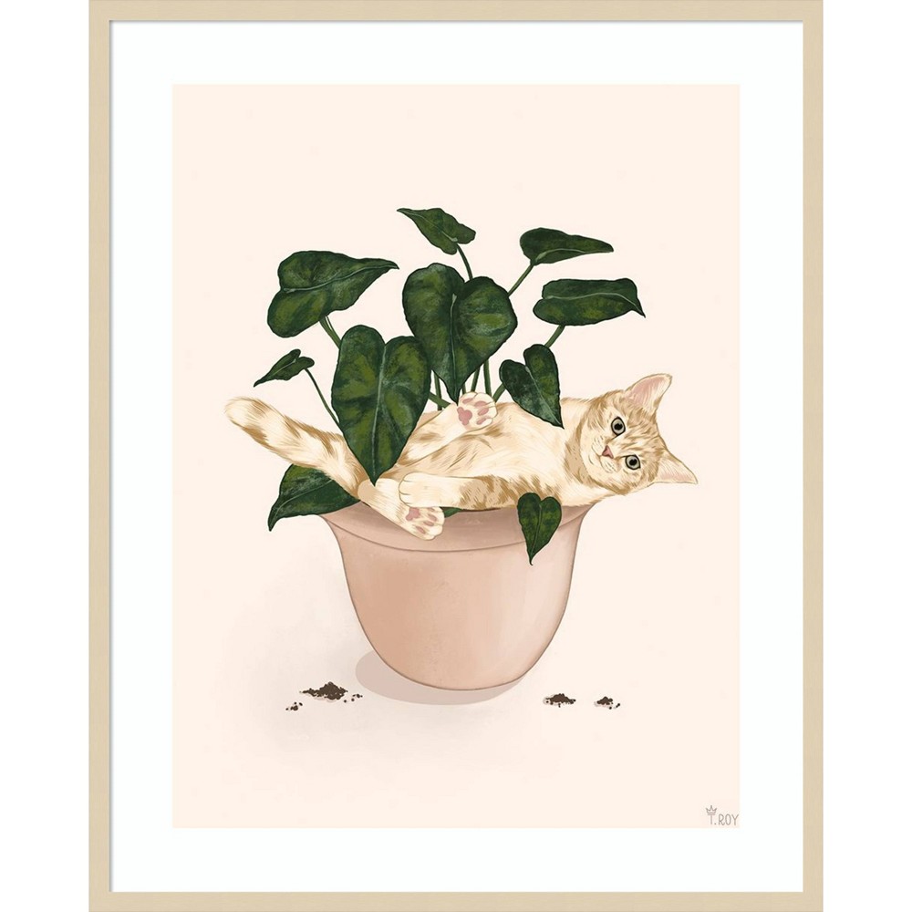 Amanti Art 33x41 Happy House Plant I Cat by Tara Royle Wood Framed Wall Art Print