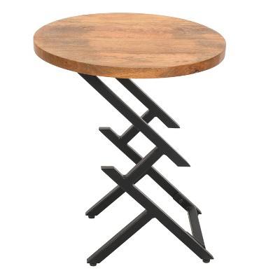 The Urban Port 23" Side End Table Natural Brown Round Wood Top Modern Black Angled Iron Legs Brown/Black