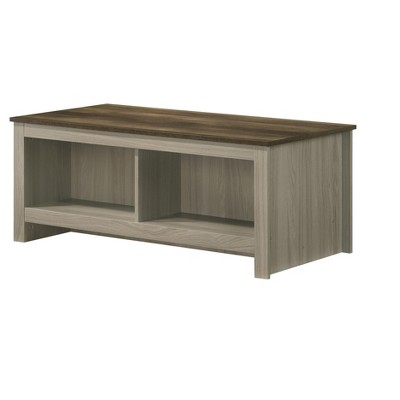 Vynxaria Modern Coffee Table, Open Shelves (Front/Back & Both Sides), Gray Oak with Walnut Contrast Top, 43" Width