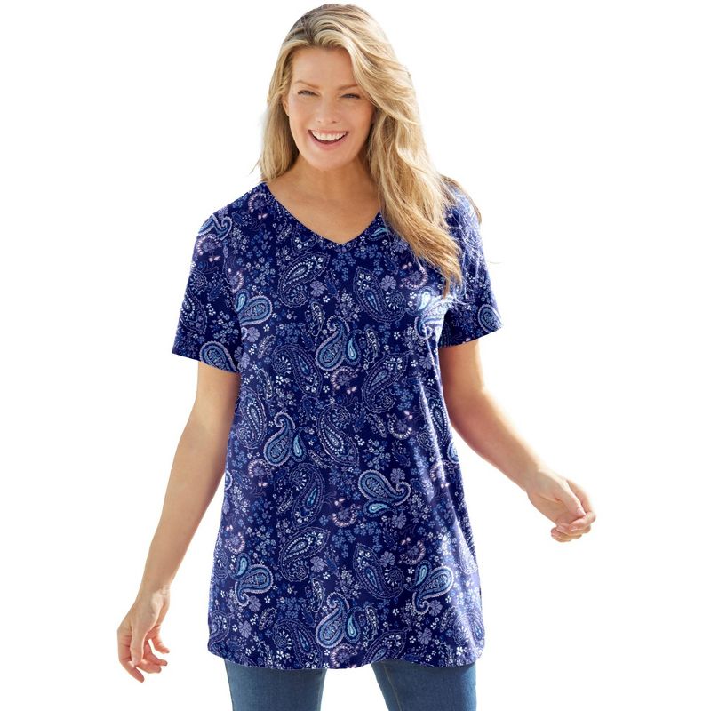 Woman Within Women's Plus Size Perfect Printed Short-Sleeve V-Neck Tunic, 1 of 2