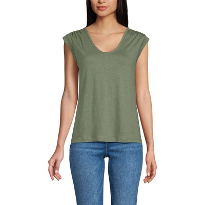 Lands' End Women's Linen Blend Cap Sleeve Gathered Shoulder Tee