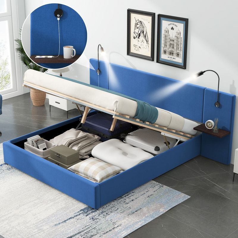 Queen/Full Size Upholstered Platform Bed,  Storage Hydraulic Bed with 2 Shelves, 2 Lights and USB Ports-ModernLuxe, 3 of 14