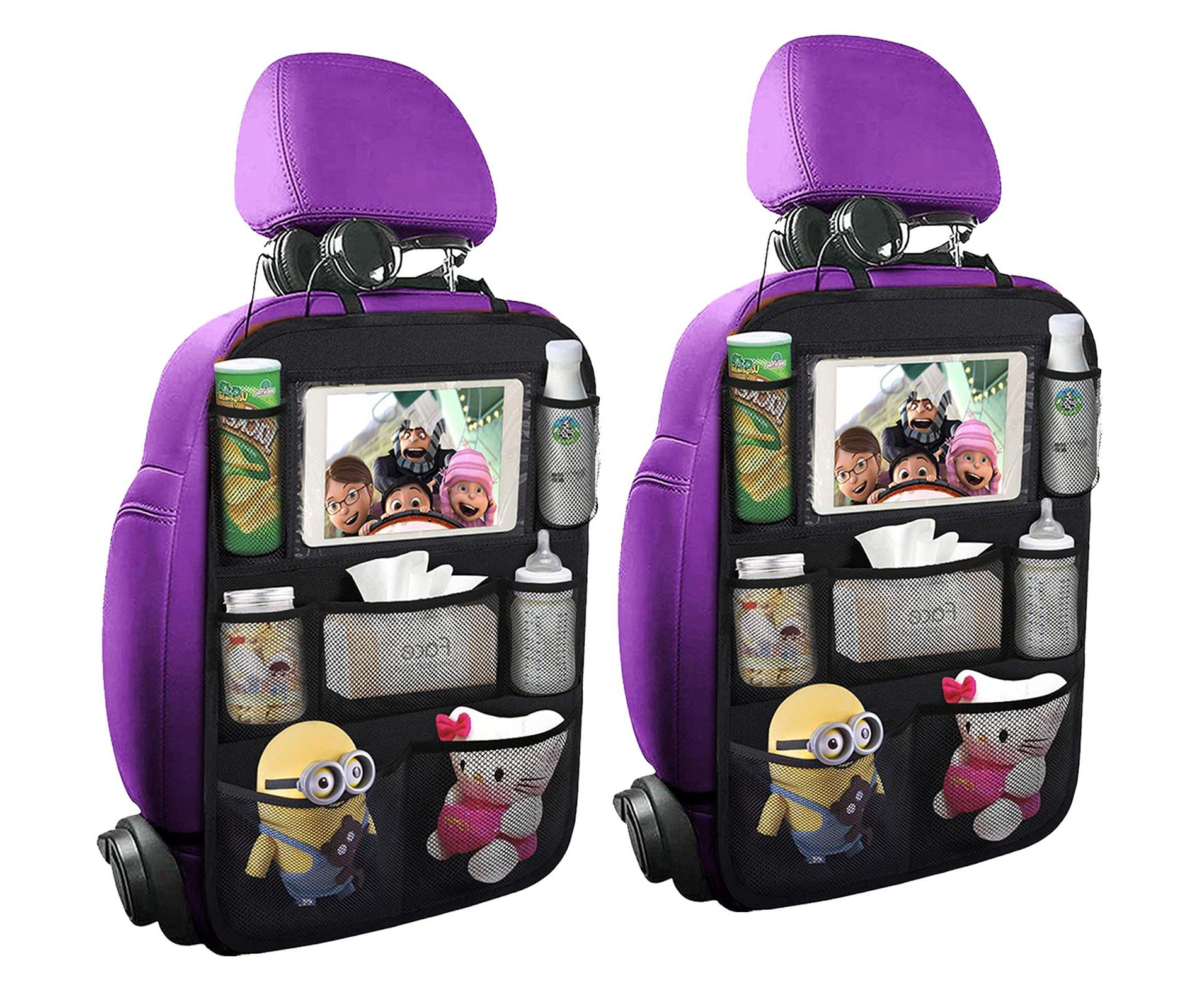 Backseat Organizer, Back Seat Mats, Storage Bag, Tablet Holder for Kids, Toddlers Car Seats, Travel Accessories, Road Trip Essentials, 2 Pack